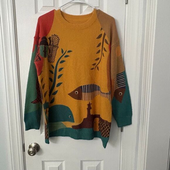 Colorful Ocean Fish Graphic Sweater cotton wool blend - Picture 1 of 6